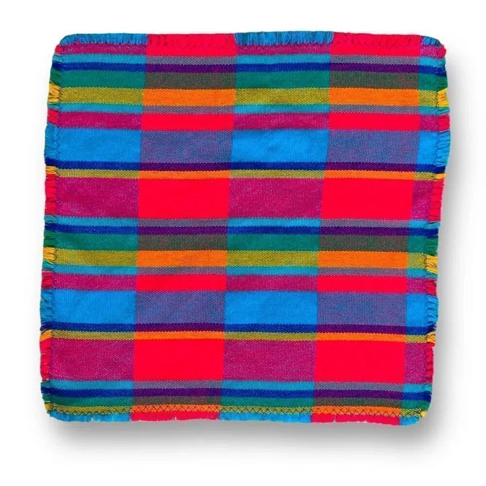 Vintage Placemats Colorful Rainbow Madras Plaid‎ Woven Fringe Border Set Of Six